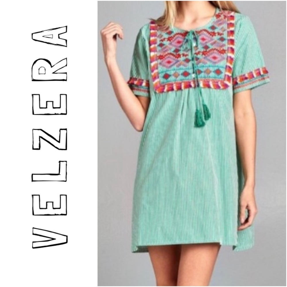 ✨ NWT Velzera Green Embroidered Striped Dress